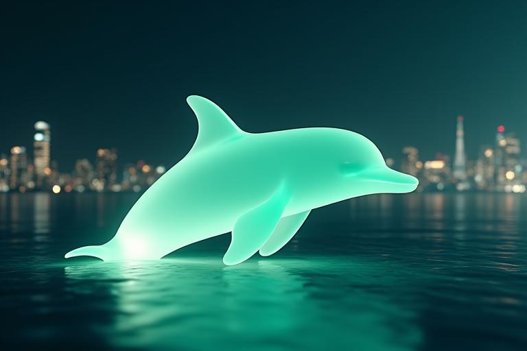 透明なイルカのオブジェが日本の都市夜景を背景に浮かぶ様子。未来志向のテクノロジーと静謐な美しさを表現している。