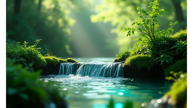 グローバルな文脈で、持続可能性とテクノロジーを象徴する、水と緑が豊かな自然環境の中にスマートテクノロジーの要素が溶け込んでいる風景。