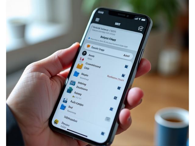 スマートフォン画面でデジタルファイルや写真が整然とフォルダ分けされ、不要なアプリが整理されている様子