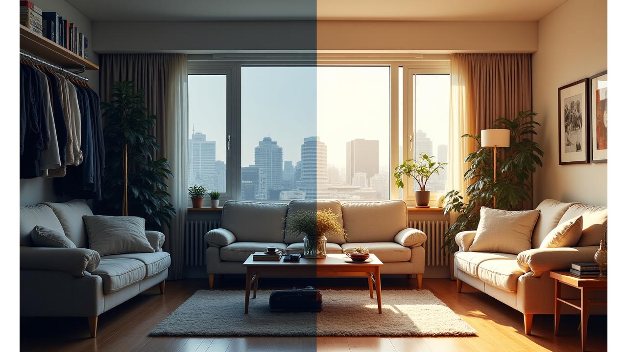 散らかった東京のマンションのリビングと、アプリを使って整理整頓されたミニマルなリビングのビフォーアフター。