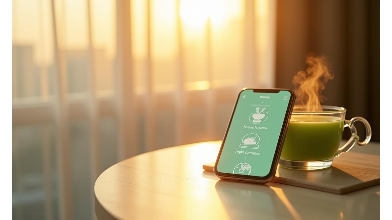 朝焼けの中、穏やかに目覚める様子を示す、洗練されたスマートフォンの画面