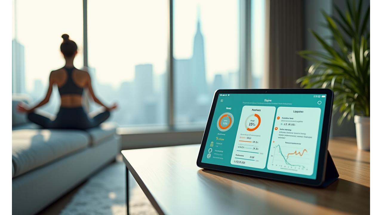 都会の洗練されたリビングで、タブレットに健康データが表示され、その横でストレッチをする人。アプリの分析画面と健康的な生活シーンが融合したイメージ。