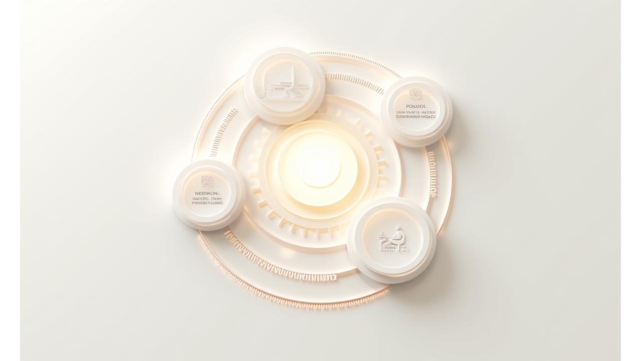 4つの異なる要素(食事、運動、睡眠、メンタル)が円形に配置され、中心で統合されているインフォグラフィック風の図。データと人の活動がシームレスに繋がっている様子。