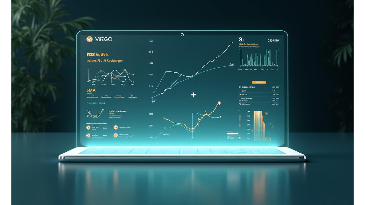 複数の健康関連データグラフがダッシュボード上で統合され、長期的なトレンドとAIによる予測が表示されている。洗練されたデータビジュアライゼーション。