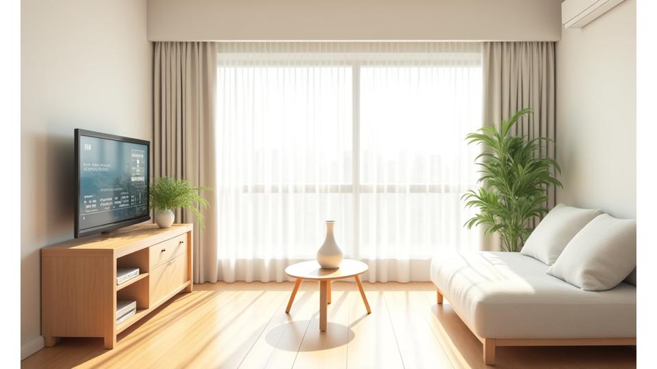 東京のコンパクトな部屋が広々と機能的に変貌した様子。光が差し込む窓辺に多機能な家具が配置され、ミニマリストな空間デザインが特徴。